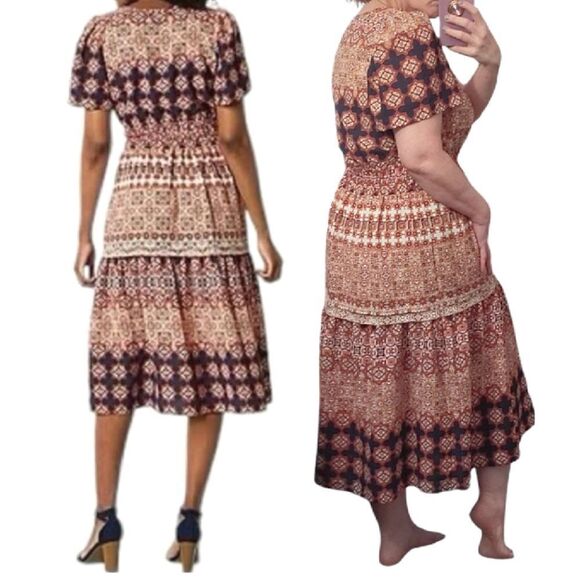 Isabel & Nina Navy Blue Red Multi Printed Short Sleeve Midi Tiered Dress Large - Picture 10 of 14